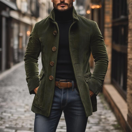 Men's Tailored Fit Corduroy Jacket with High Collar and Ribbed Texture