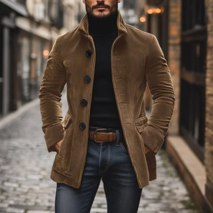 Men's Tailored Fit Corduroy Jacket with High Collar and Ribbed Texture