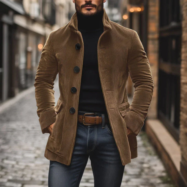 Men's Tailored Fit Corduroy Jacket with High Collar and Ribbed Texture