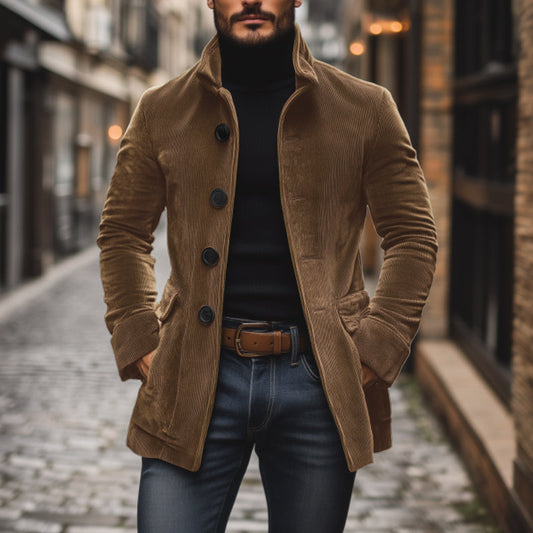 Men's Tailored Fit Corduroy Jacket with High Collar and Ribbed Texture