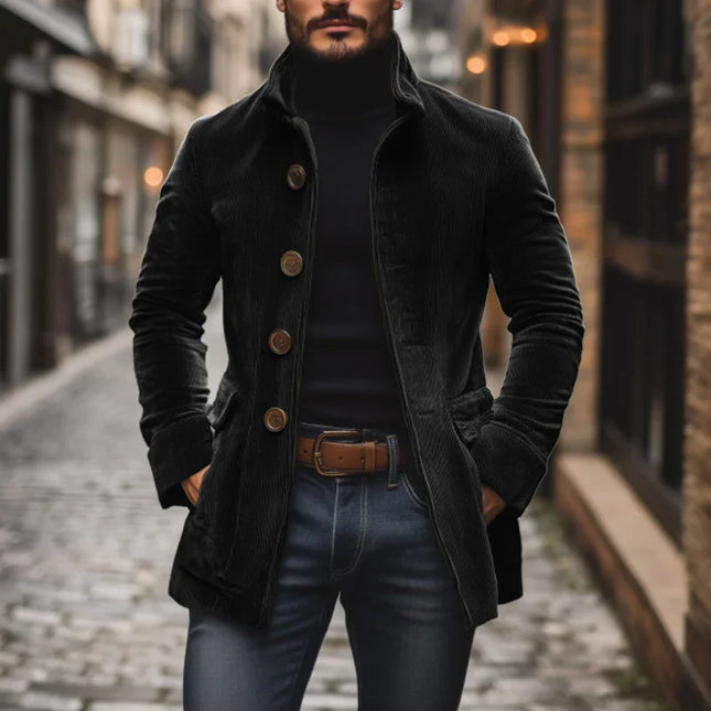 Men's Tailored Fit Corduroy Jacket with High Collar and Ribbed Texture