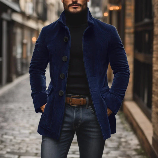 Men's Tailored Fit Corduroy Jacket with High Collar and Ribbed Texture