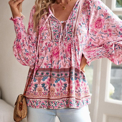 Women's Floral Tunic Top V-Neck Tie Long Sleeve