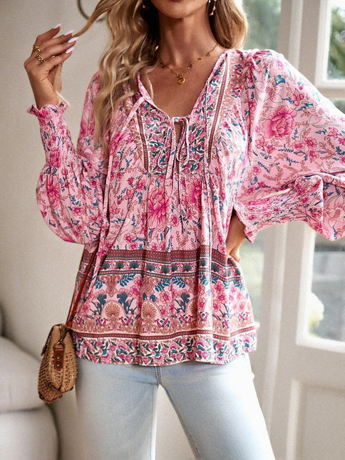 Women's Floral Tunic Top V-Neck Tie Long Sleeve