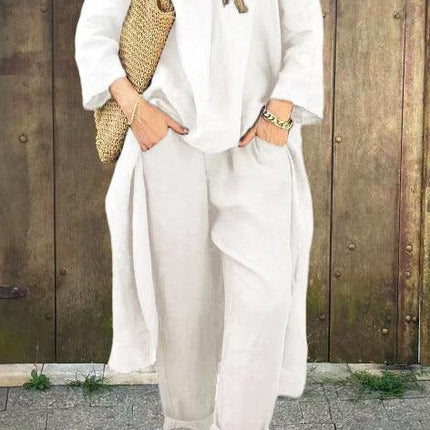 Women's V-Neck Long Sleeve Top & High-Waist Wide-Leg Pants Set with Pockets