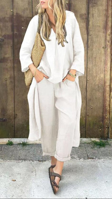 Women's V-Neck Long Sleeve Top & High-Waist Wide-Leg Pants Set with Pockets