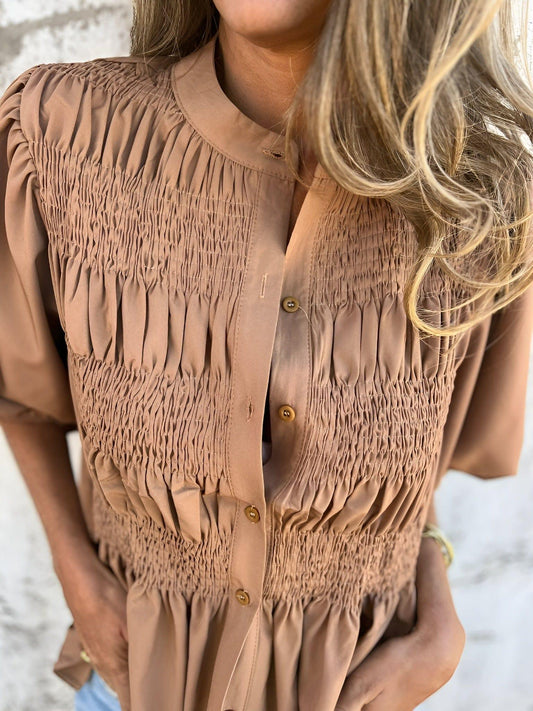 Women's Puff Sleeve Blouse with Smocked Bodice