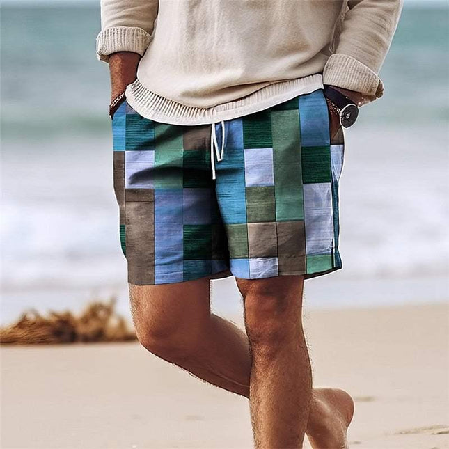 Men’s Knee-Length Patchwork Shorts - Lightweight Elastic Waist with Drawstring