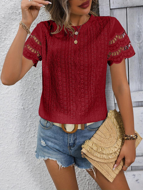 Women's Eyelet Top Short Sleeve Scalloped Neck