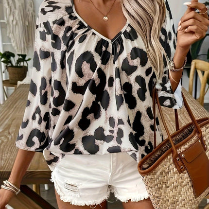 Women's V-Neck Loose Fit Animal Print Blouse with 3/4 Sleeves