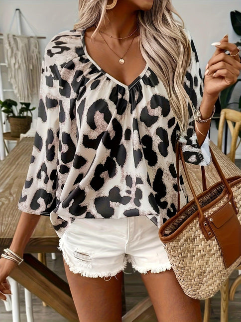Women's V-Neck Loose Fit Animal Print Blouse with 3/4 Sleeves