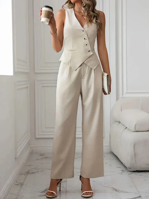 Women's Flare Leg Pants and Vest Set - Elegant Single Breasted Style for Winter