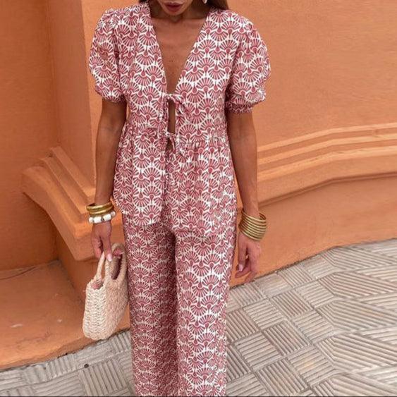 Women's Linen Two-Piece Set - Puff Sleeve Tie-Front Top & High-Waist Wide-Leg Pants