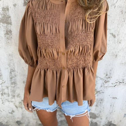 Women's Puff Sleeve Blouse with Smocked Bodice