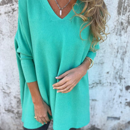 Women's V-Neck Oversized Shirt with Drop Shoulders and Long Sleeves