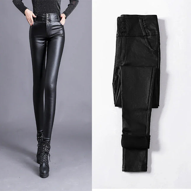 Women's Skinny Leather Trousers High-Waisted Button Front