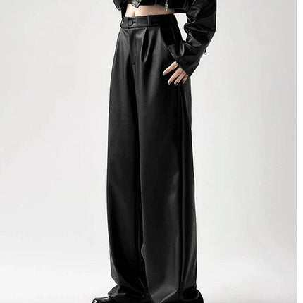 Women's Leather Wide-Leg Trousers - High-Waisted Tailored Fit with Pleated Design