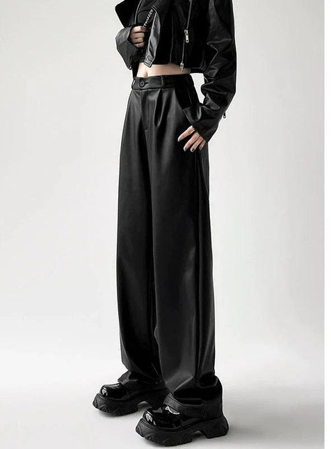 Women's Leather Wide-Leg Trousers - High-Waisted Tailored Fit with Pleated Design