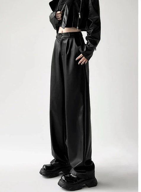 Women's Leather Wide-Leg Trousers - High-Waisted Pleated Design