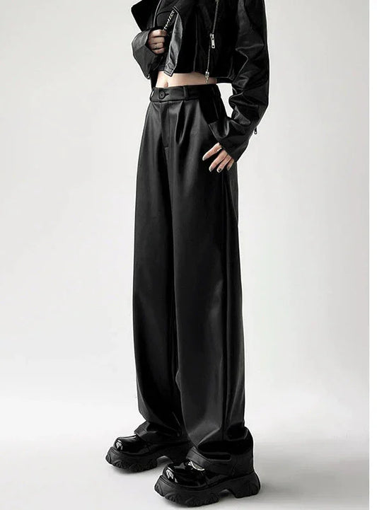 Women's Leather Wide-Leg Trousers - High-Waisted Pleated Design