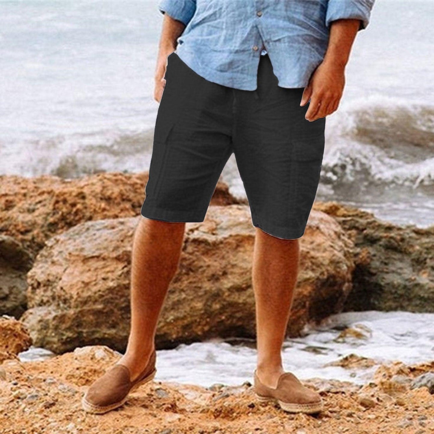 Men's Linen Shorts Knee-Length Relaxed Fit Lightweight Breathable