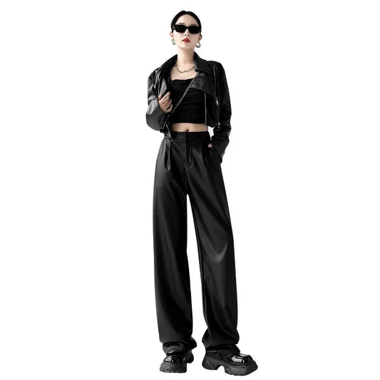 Women's Leather Wide-Leg Trousers - High-Waisted Pleated Design