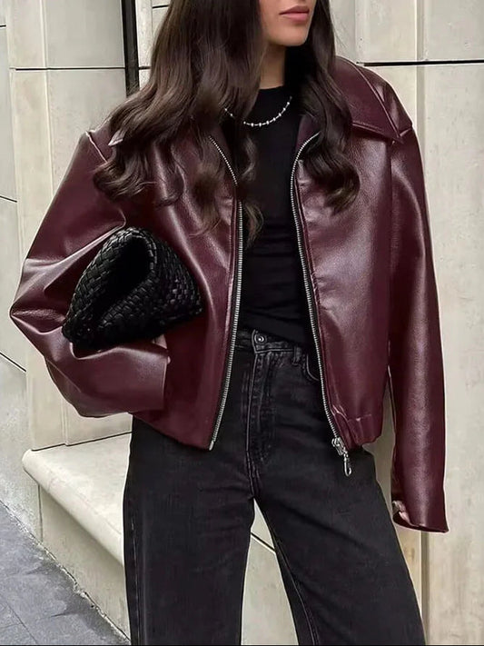 Women's Leather Jacket Relaxed Fit Zip Closure
