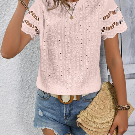 Women's Eyelet Top Short Sleeve Scalloped Neck