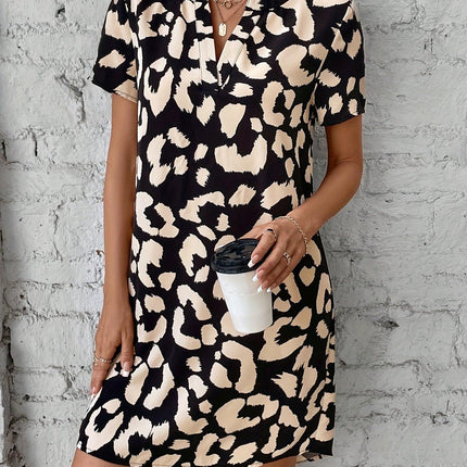 Women's V-Neck Leopard Print Dress with Short Sleeves