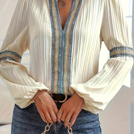 Women's Long-Sleeve Blouse with Pleats and Embroidered Trim