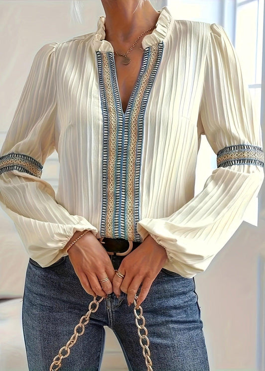 Women's Long-Sleeve Blouse with Pleats and Embroidered Trim