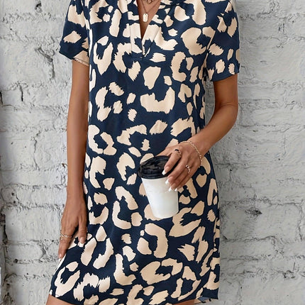Women's V-Neck Leopard Print Dress with Short Sleeves