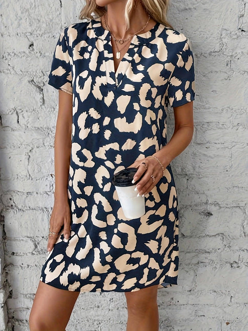 Women's V-Neck Leopard Print Dress with Short Sleeves
