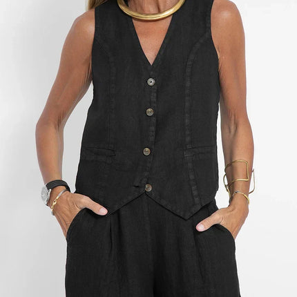 Women's Fitted Linen Vest - Lightweight Buttoned Front for Formal & Casual Wear