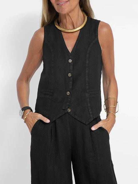 Women's Fitted Linen Vest - Lightweight Buttoned Front for Formal & Casual Wear