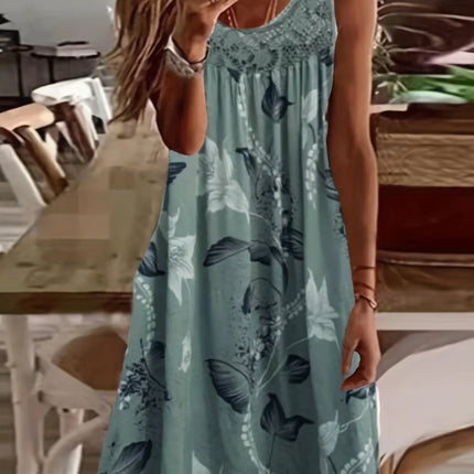 Women's Floral Print Maxi Tank Dress with Round Neck