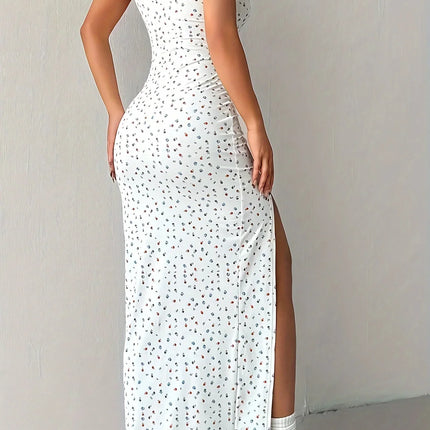 Women’s Maxi Dress – Fitted Silhouette – Spaghetti Straps – Side Slit – Patterned Fabric