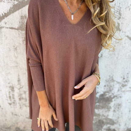 Women's V-Neck Oversized Shirt with Drop Shoulders and Long Sleeves
