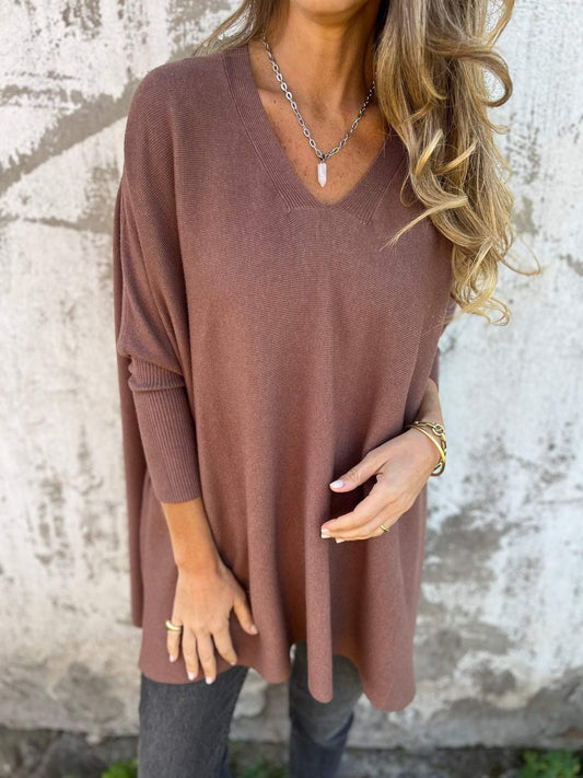 Women's V-Neck Oversized Shirt with Drop Shoulders and Long Sleeves