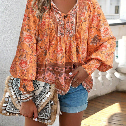 Women's Floral Tunic Top V-Neck Tie Long Sleeve
