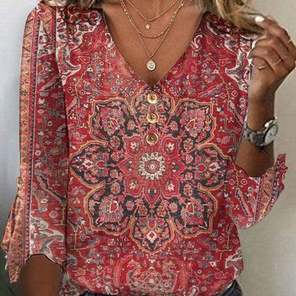 Women's V-Neck Floral Blouse with Flowing Sleeves