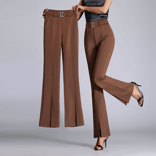 Women's High-Waisted Flared Trousers with Front Slit and Belted Design