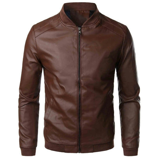 Men’s Leather Jacket Slim Fit Stand Collar Zipper Front Ribbed Cuffs