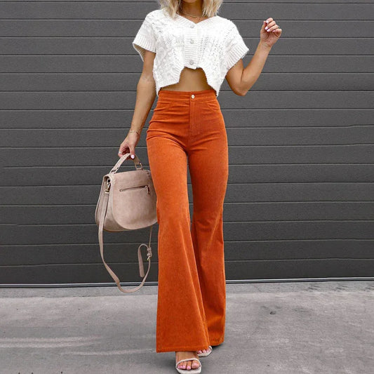 Women's High-Waisted Flared Trousers Soft Fabric Vintage Bell-Bottom