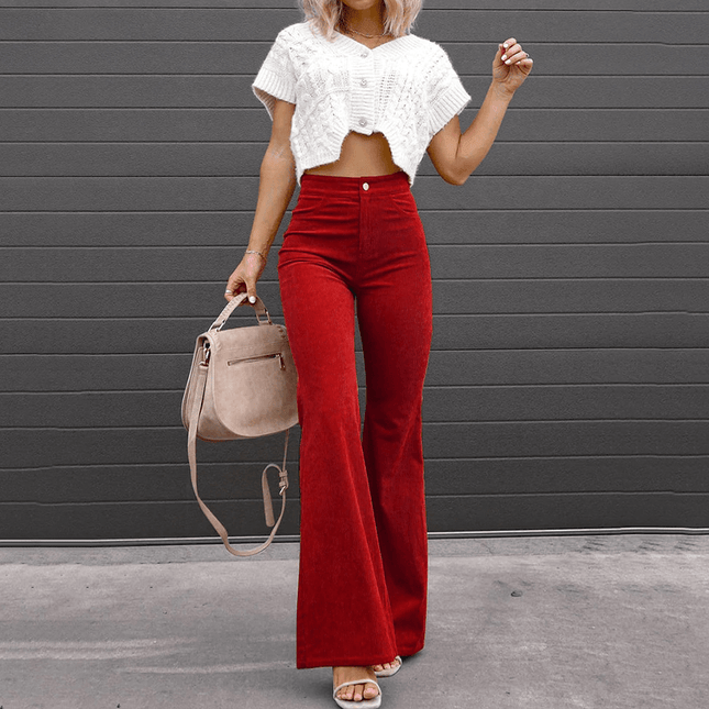 Women's High-Waisted Flared Trousers Soft Textured Fabric