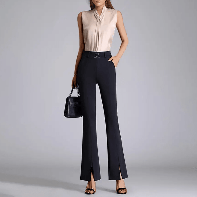 Women's High-Waisted Flared Trousers with Front Slit and Belted Design