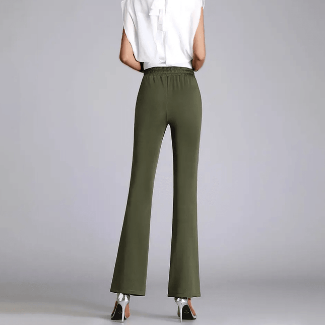 Women's High-Waisted Flared Trousers with Front Slit and Belted Design