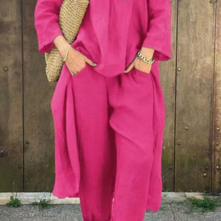 Women's V-Neck Long Sleeve Top & High-Waist Wide-Leg Pants Set with Pockets