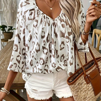 Women's V-Neck Loose Fit Animal Print Blouse with 3/4 Sleeves
