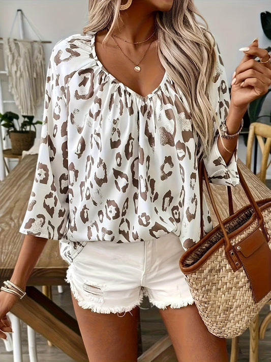 Women's V-Neck Loose Fit Animal Print Blouse with 3/4 Sleeves